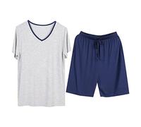 Generisch Set pigiama da uomo, comodo, casual, con scollo a V, maglietta e pantaloni corti, in cotone, estivo, casual, comodo, morbido pigiameria, O grigio scuro, XXXL
