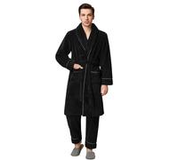 Generisch Set pigiama da uomo invernale in flanella, a maniche lunghe, pigiama e pantaloni da pigiama, set di biancheria termica in due pezzi, vestaglia con cintura e tasche, comoda tuta da casa, Nero
