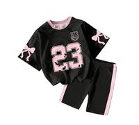 Generisch Set sportivo da bambina in look maglietta, due pezzi composto da maglia oversize e pantaloni da ciclismo, abbigliamento estivo casual in stile college