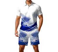 Generisch Set sportivo da uomo con motivo a fiamma, tuta in due pezzi in stile tedesco, polo e pantaloncini per il tempo libero e lo sport, Stil_k07 blu, XL
