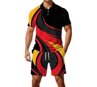 Generisch Set sportivo da uomo con motivo a fiamma, tuta in due pezzi in stile tedesco, polo e pantaloncini per il tempo libero e lo sport, Stil_k01 nero, XXL