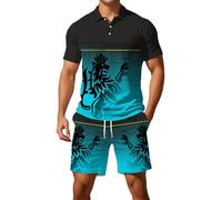 Generisch Set sportivo da uomo con motivo a fiamma, tuta in due pezzi in stile tedesco, polo e pantaloncini per il tempo libero e lo sport, Stil_k06 blu, 3XL