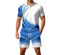 Generisch Set sportivo da uomo con motivo a fiamma, tuta in due pezzi in stile tedesco, polo e pantaloncini per il tempo libero e lo sport, Stil_k08 blu, XL