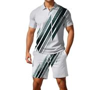Generisch Set sportivo da uomo con motivo a fiamma, tuta in due pezzi in stile tedesco, polo e pantaloncini per il tempo libero e lo sport, Stil_k03 grigio, 3XL