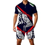 Generisch Set sportivo da uomo con motivo a fiamma, tuta in due pezzi in stile tedesco, polo e pantaloncini per il tempo libero e lo sport, Stil_k02 blu, 3XL