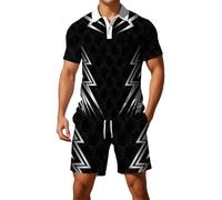 Generisch Set sportivo da uomo con motivo a fiamma, tuta in due pezzi in stile tedesco, polo e pantaloncini per il tempo libero e lo sport, Stil_k04 Nero, XL