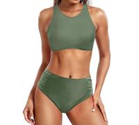 Generisch Set Tankini da donna con effetto push-up come arruffato in due pezzi per le vacanze in spiaggia, verde militare, XXL