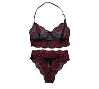 Generisch Sheer Floreale Pizzo Pigiama Lingerie Set Vita Alta Biancheria Da Notte Reggiseno E Panty 2 Pezzi Biancheria Da Notte S XXL Set Nero, Colore: rosso, 5XL