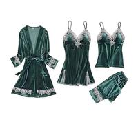 Generisch Shorty Pigiama da donna con pizzo, sexy, sexy, in pizzo, per donna, in velluto dorato, set da 4 pezzi, pigiama da donna, casual, comodo, verde, M
