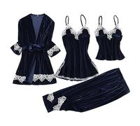 Generisch Shorty Pigiama da donna con pizzo, sexy, sexy, in pizzo, per donna, in velluto dorato, set da 4 pezzi, pigiama da donna, casual, comodo, Blu marino, L