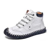 Generisch Sneaker da uomo High Top in effetto pelle - Scarpe stringate con cuciture sulla suola, robuste scarpe per il tempo libero per l'uso quotidiano, Stile O05 Bianco, 45 EU