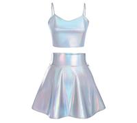 Generisch Space, costume da alieno da donna, con glitter metallizzati, con gonna a pieghe, mini gonna da skater, anni '90, per carnevale, carnevale, colore argento, senza spalline, taglia L 1