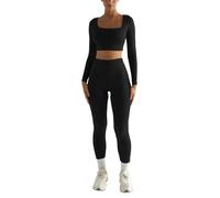 Generisch Spandex Shorts Pack Girls, casual, tinta unita, maniche lunghe, colletto quadrato, due pezzi, slim yoga, leggings da yoga, Nero , XL