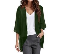 Generisch Spilla rotonda da donna in chiffon con maniche a sbuffo, casual, camicetta da donna, verde militare, M