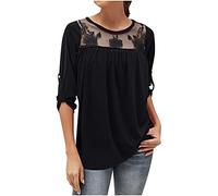 Generisch Splicing Top Lace Temperament - Camicetta da donna con pieghe a tre quarti, Nero , XL