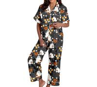 Generisch Spooky Cat Everyday is Halloween Long Pigiama Set Bianco Flannel Shine Glow-in-The-Dark Pumpkin Spooky Pjs Women Halloween Vest Pajamas Set Spooky Pajamas Donna, Pajamas B8 nero, L