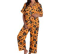 Generisch Spooky Cat Everyday is Halloween Long Pigiama Set Bianco Flannel Shine Glow-in-The-Dark Pumpkin Spooky Pjs Women Halloween Vest Pajamas Set Spooky Pajamas Donna, Pajama B7-arancione, M