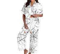 Generisch Spooky Cat Everyday is Halloween Long Pigiama Set Bianco Flannel Shine Glow-in-The-Dark Pumpkin Spooky Pjs Women Halloween Vest Pajamas Set Spooky Pajamas Donna, Pajamas B29-bianco, XXL