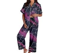 Generisch Spooky Cat Everyday is Halloween Long Pigiama Set Bianco Flannel Shine Glow-in-The-Dark Pumpkin Spooky Pjs Women Halloween Vest Pajamas Set Spooky Pajamas Donna, Pajamas B1-viola scuro, XXL