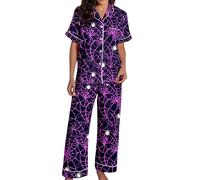 Generisch Spooky Cat Everyday is Halloween Long Pigiama Set Bianco Flannel Shine Glow-in-The-Dark Pumpkin Spooky Pjs Women Halloween Vest Pajamas Set Spooky Pajamas Donna, Pajamas B12-lilla, S