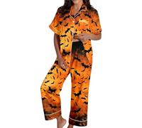 Generisch Spooky Cat Everyday is Halloween Long Pigiama Set Bianco Flannel Shine Glow-in-The-Dark Pumpkin Spooky Pjs Women Halloween Vest Pajamas Set Spooky Pajamas Donna, Pajama B23-arancione, XL