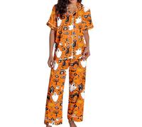 Generisch Spooky Cat Everyday is Halloween Long Pigiama Set Bianco Flannel Shine Glow-in-The-Dark Pumpkin Spooky Pjs Women Halloween Vest Pajamas Set Spooky Pajamas Donna, Pajama B22-arancione, XL