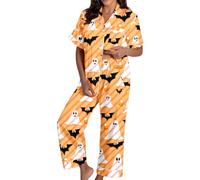 Generisch Spooky Cat Everyday is Halloween Long Pigiama Set Bianco Flannel Shine Glow-in-The-Dark Pumpkin Spooky Pjs Women Halloween Vest Pajamas Set Spooky Pajamas Donna, Pajama B19-arancione, L