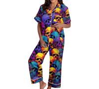 Generisch Spooky Cat Everyday is Halloween Long Pigiama Set Bianco Flannel Shine Glow-in-The-Dark Pumpkin Spooky Pjs Women Halloween Vest Pajamas Set Spooky Pajamas Donna, Pajamas B18-lilla, M