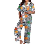 Generisch Spooky Cat Everyday is Halloween Long Pigiama Set Bianco Flannel Shine Glow-in-The-Dark Pumpkin Spooky Pjs Women Halloween Vest Pajamas Set Spooky Pajamas Donna, Pajamas B16-grey, XL