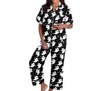 Generisch Spooky Cat Everyday is Halloween Long Pigiama Set Bianco Flannel Shine Glow-in-The-Dark Pumpkin Spooky Pjs Women Halloween Vest Pajamas Set Spooky Pajamas Donna, Pajamas B25-nero, XL