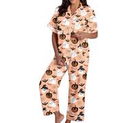 Generisch Spooky Cat Everyday is Halloween Long Pigiama Set Bianco Flannel Shine Glow-in-The-Dark Pumpkin Spooky Pjs Women Halloween Vest Pajamas Set Spooky Pajamas Donna, Pajama B11-arancione, S