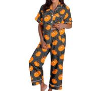Generisch Spooky Cat Everyday is Halloween Long Pigiama Set Bianco Flannel Shine Glow-in-The-Dark Pumpkin Spooky Pjs Women Halloween Vest Pajamas Set Spooky Pajamas Donna, Pajama B30-arancione, S