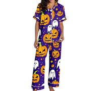 Generisch Spooky Cat Everyday is Halloween Long Pigiama Set Bianco Flannel Shine Glow-in-The-Dark Pumpkin Spooky Pjs Women Halloween Vest Pajamas Set Spooky Pajamas Donna, Pajamas B28-lilla, M