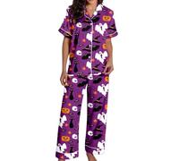 Generisch Spooky Cat Everyday is Halloween Long Pigiama Set Bianco Flannel Shine Glow-in-The-Dark Pumpkin Spooky Pjs Women Halloween Vest Pajamas Set Spooky Pajamas Donna, Pajamas B10-lilla, XL