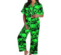 Generisch Spooky Cat Everyday is Halloween Long Pigiama Set Bianco Flannel Shine Glow-in-The-Dark Pumpkin Spooky Pjs Women Halloween Vest Pajamas Set Spooky Pajamas Donna, Pajamas B20-verde, S