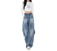 Generisch Spring Street Silhouette Jeans Loose Wide Leg Drag Pants Pantaloni Salopette in lino, Blu, S