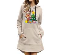 Generisch Stampa festiva, a maniche lunghe, con cappuccio, con tasca frontale, maglione accogliente, abbigliamento casual per le vacanze invernali, beige., S
