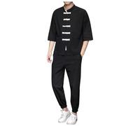 Generisch Stile cinese Tangzhuang Uomo Casual Tuta Vintage Abiti Tradizionali Tai Chi Uniforme Wushu Classico Tangzhuang 2 Pezzi Vestito Manica Lunga Camicia Pantaloni Costume Monaco, Nero , M