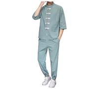 Generisch Stile cinese Tangzhuang Uomo Casual Tuta Vintage Abiti Tradizionali Tai Chi Uniforme Wushu Classico Tangzhuang 2 Pezzi Vestito Manica Lunga Camicia Pantaloni Costume Monaco, verde, XXL