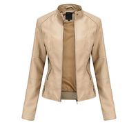 Generisch Stitching Leather Jackets Donne Slim Stand up Collare Cerniera Cappotti Donne, beige., S