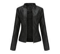 Generisch Stitching Leather Jackets Donne Slim Stand up Collare Cerniera Cappotti Donne, Nero , XXL