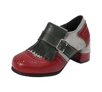 Generisch Stivaletti casual da donna in pelle con frange, stile retrò, tacco quadrato con cerniera, comode scarpe da trekking, scarpe alla moda, Colore: rosso, 36 EU