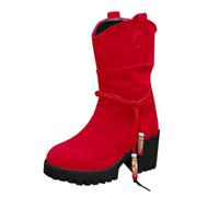 Generisch Stivaletti da cowboy da donna, con tacco a blocco e cerniera, stile retrò, stile western, larghezza H, casual, per tutti i giorni, tempo libero, autunno e inverno, Colore: rosso, 37 EU