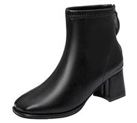 Generisch Stivaletti da donna con tacco a blocco con cerniera Stivaletti da donna con tacco in pelle da donna con tacco spesso Punta quadrata da donna Tacco medio alla moda Stivali corti, Nero , 38 EU