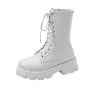 Generisch Stivaletti da donna in pelle con tacco - Stivaletti da donna con tacco a blocco, suola profilata, mezza gamba, stivali da motociclista, stile gotico, stivali invernali, Bianco. 7, 38 EU