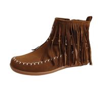 Generisch Stivaletti da donna in pelle scamosciata, con nappa, piatti, invernali, con frange, stile occidentale, stile vintage, antiscivolo, cachi, 39 EU