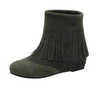 Generisch Stivaletti piatti da donna in pelle scamosciata, con tacco basso, con frange, con plateau e alla caviglia, invernali, eleganti, verde, 37 EU