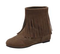 Generisch Stivaletti piatti da donna in pelle scamosciata, con tacco basso, con frange, con plateau e alla caviglia, invernali, eleganti, marrone, 37 EU