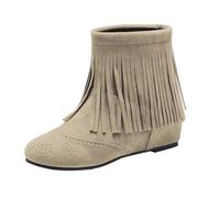 Generisch Stivaletti piatti da donna in pelle scamosciata, con tacco basso, con frange, con plateau e alla caviglia, invernali, eleganti, beige., 45 EU