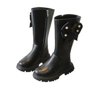 Generisch Stivali a mezza altezza per bambine con cerniera laterale Stivali da ragazza Eleganti e belli con perla e fiocco Stivali autunnali con suola antiscivolo Stivali in pelle, Nero , 37 EU